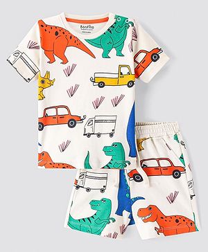 Bonfino 100% Cotton Knit Half Sleeves T-Shirt & Shorts Sets With Dino Print - Off White