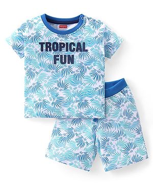 Babyhug Cotton Knit Half Sleeves T-Shirt & Shorts Set With Tropical Print - Blue