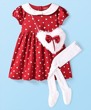 Babyhug Single Jersey Knit Half Sleeves Heart Printed Frock With Sling Bag & Stockings - Red