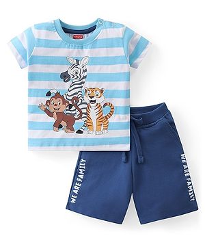 Babyhug Cotton Knit Half Sleeves Striped T-Shirt & Shorts Set With Animals Print - Blue
