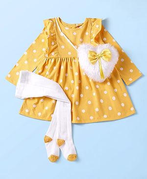 Babyhug Single Jersey Knit Full Sleeves Frocks With Stockings & Sling Bag Polka Dot Print - Mustard