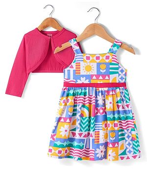 Babyhug Single Jersey Knit Floral Printed Frock With Full Sleeves Shrug - Dark Pink & Blue