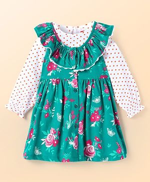 Babyhug Single Jersey Knit Full Sleeves Floral Printed Frock With Printed Inner Tee - Teal Blue