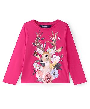 Pine Kids Cotton Knit Full Sleeves T-Shirt With Floral Print- Pink