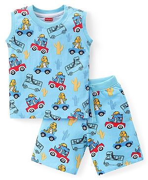 Babyhug Single Jersey Knit Sleeveless T-Shirt & Shorts Set with Car Print - Blue