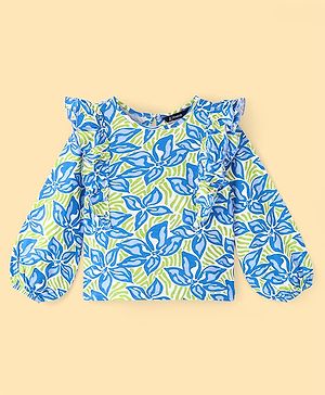 Pine Kids Cotton Knit Full Sleeves Top with Frill Detailing Leaf Print - Multicolour