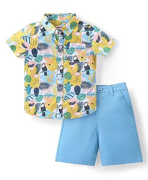 Babyhug Cotton Woven Half Sleeves Shirt & Shorts Set with Leaves & Bird Print - Yellow & Blue