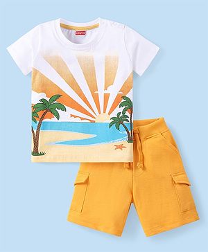 Babyhug Cotton Knit Half Sleeves Beach Printed T-Shirt & Shorts Set - White & Khaki