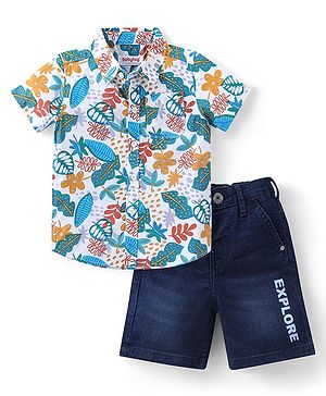 Babyhug Cotton Knit Half Sleeves Shirt & Denim Shorts Set with Floral Print - Multicolour