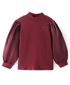 Pine Kids Cotton Knit Full Sleeves Turtle Neck Solid Color Top with Beads Detailing - Red