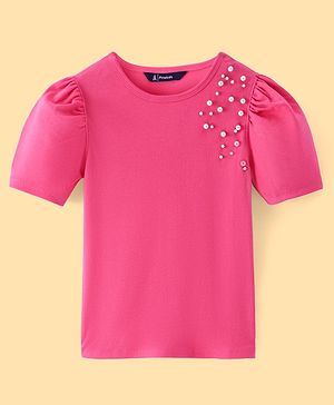 Pine Kids Cotton Rib Puff Sleeves Pearl Embellished Solid Top - Hot Pink