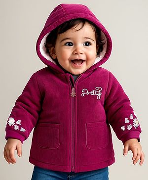 Babyoye Full Sleeves Solid Dyed Hoodies With Floral Embroidery - Pink