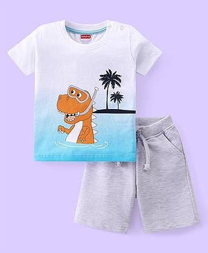 Babyhug Cotton Knit Half Sleeves T-Shirt & Shorts Set With Crocodile Print - White