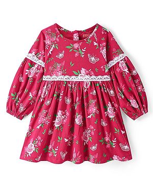 Babyhug Single Jersey Knit Full Raglan Sleeves Frock with Floral Print & Lace Detailing- Dark Red