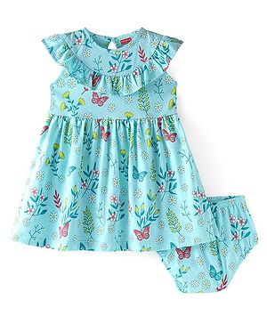 Babyhug Single Jersey Knit Cap Sleeves Floral Printed Frock with Bloomer & Frill Detailing - Blue