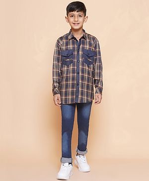 AJ Dezines Cotton Full Sleeves Checked Shirt And Denim Jeans -  Brown