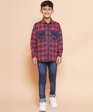 AJ Dezines Cotton Full Sleeves Checked Shirt And Denim Jeans - Red