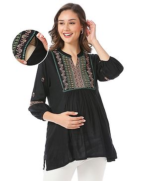 Bella Mama Woven Three Fourth Sleeves Embroidered Yoke  Maternity Top with Pocket - Black