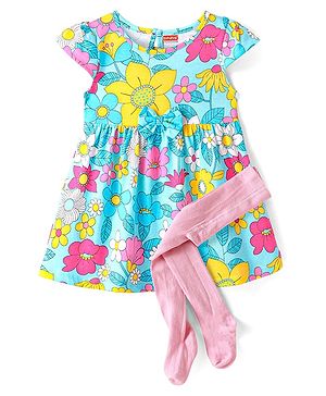 Babyhug Single Jersey Knit Half Sleeves Frock With Floral Print & Stockings - Light Blue