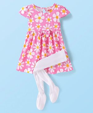 Babyhug Single Jersey Knit Half Cap Sleeves Floral Printed Frock with Leggings & Bow Applique - Pink
