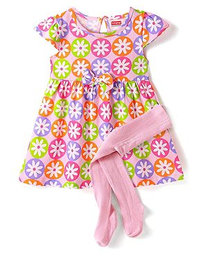 Babyhug Single Jersey Knit Half Sleeves Floral Print Frock With Leggings - Pink