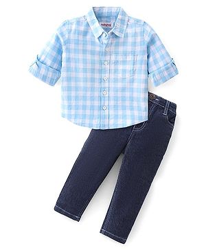 Babyhug Cotton Woven Full Sleeves Checkered Shirt & Denim Pants Set - Blue