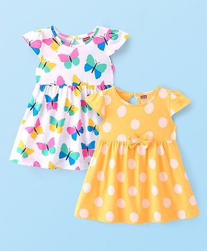 Babyhug Single Jersey Knit Cap Sleeves Frocks With Butterfly & Polka Dots Print & Bow Pack Of 2 - Yellow & White