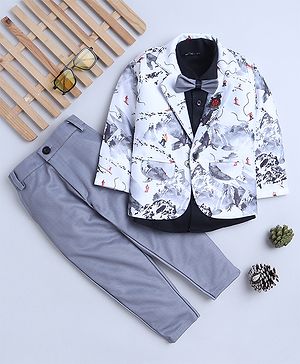 Fourfolds Full Sleeves Floral Printed 4 Piece Suit - Grey