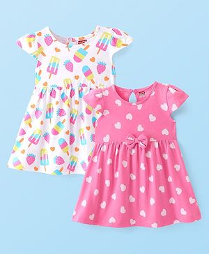 Babyhug Single Jersey Knit Cap Sleeves Frocks with Bow Applique Heart & Ice Cream Print Pack of 2 - Pink & White