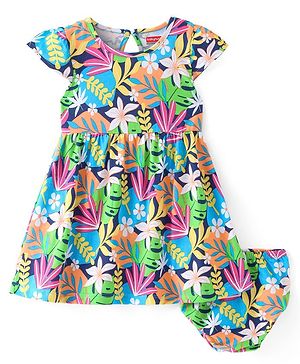 Babyhug Single Jersey Half Sleeves Frock with Bloomer Floral Print - Light Blue