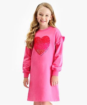 Primo Gino 100% Cotton French Terry Knit Full Sleeves Frock with Sequins Embroidery & Heart Design - Pink