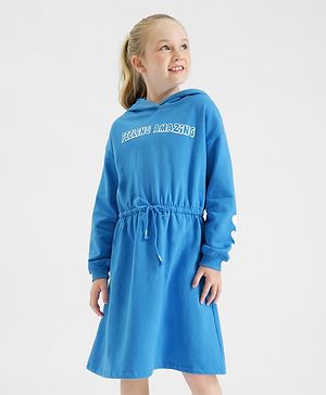 Primo Gino  100% Cotton French Terry Knit Full Sleeves Hooded Winter Wear Sweatshirt Dress with Text Print - Blue