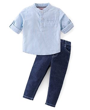 Babyhug Cotton Woven Full Sleeves Mandarin Collar Striped Kurta Shirt With Denim Jeans Set - Blue