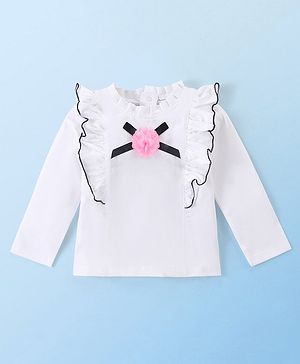 Babyhug Cotton Knit Full Sleeves  Winter Top With Frill & Floral Applique - White