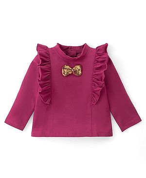 Babyhug Cotton Knit Full Sleeves  Top With Frill Detailing & Bow Applique  - Maroon