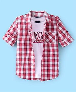 Pine Kids Cotton Woven Full Sleeves  Checked Shirt with T-Shirt-  Red & White