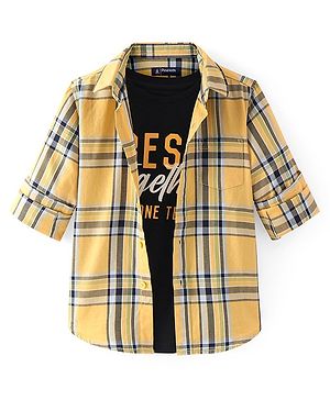 Pine Kids Cotton Woven Full Sleeves Check Shirt with Best Together Printed T-Shirt - Yellow & Black