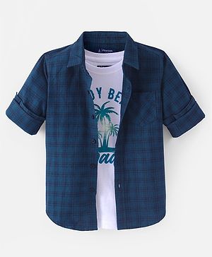 Pine Kids Cotton Woven Full Sleeves  Checked Shirt with T-Shirt-  Peacock Green