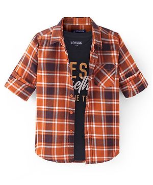 Pine Kids Cotton Woven Full Sleeves  Checked Shirt with T-Shirt- Orange