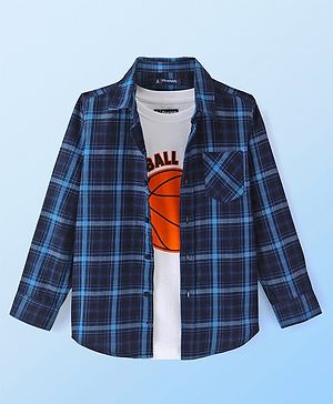 Pine Kids Cotton Woven Full Sleeves Checks Shirt with Basketball Printed T- Shirt -Blue & White