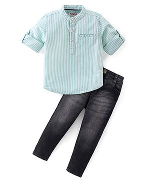 Babyhug Cotton Woven Full Sleeves Mandarin Collar Striped Kurta Shirt With Denim Jeans Set - Green Black