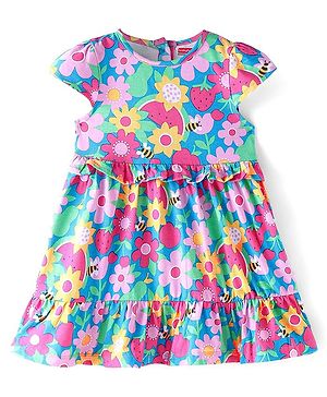 Babyhug Cotton Jersey  Half Sleeves Frock With Floral Print & Frill Detailing - Multicolor