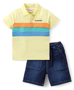 Babyhug Single Jersey Knit Half Sleeves Striped Polo T-Shirt & Denim Shorts Set - Yellow & Blue