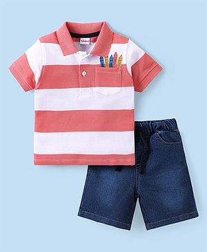 Babyhug Cotton Lycra Knit Half Sleeves Striped T-Shirt & Shorts Set with Crayon Print - Coral & Blue