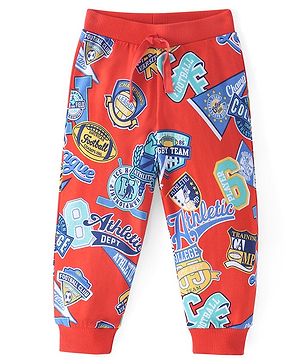 Babyhug Cotton Knit Full Length Lounge Pants With Varsity Print - Red