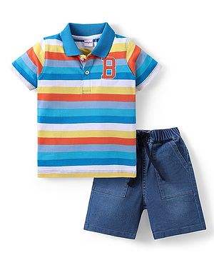 Babyhug Single Jersey Knit Half Sleeves Striped Polo T-Shirt & Denim Shorts Set - Multicolor