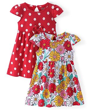 Babyhug Single Jersey Knit Cap Sleeves Frocks with Polka Dots & Floral Print & Bow Applique Pack of 2 - Multicolour