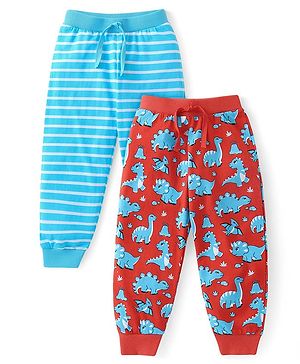 Babyhug Cotton Knit   Full Length Striped Lounge Pants with Animal Print Pack of 2 - Multicolour