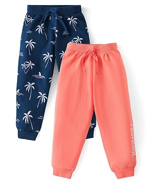 Babyhug Cotton Full Length Lounge and Track Pant With Beach Theme & Text Print Pack of 2 - Navy Blue & Peach