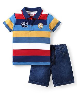 Babyhug Single Jersey Knit Half Sleeves Striped Polo T-Shirt & Denim Shorts Set - Multicolor